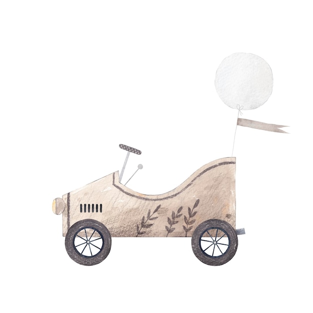 Carro infantil vintage Balão de carro retrô e bandeira Ilustração em aquarela Decoração infantil