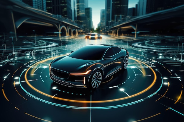 Carro inteligente moderno com a internet em torno do sistema inteligente de tecnologia na estrada da cidade com sistema de sinal de radar de sensor gráfico carro inteligente Criado com tecnologia Generative Ai