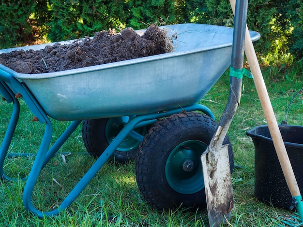 Foto carro de jardín para plantar plantas en el jardín con cubo de rastrillo de pala