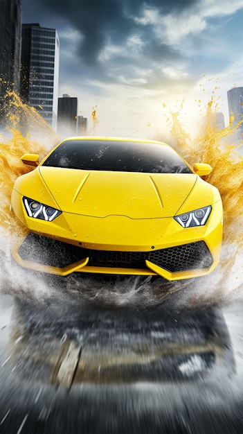 Carro Lamborghini em curva quando chove brilha escura cidade renderização 3D