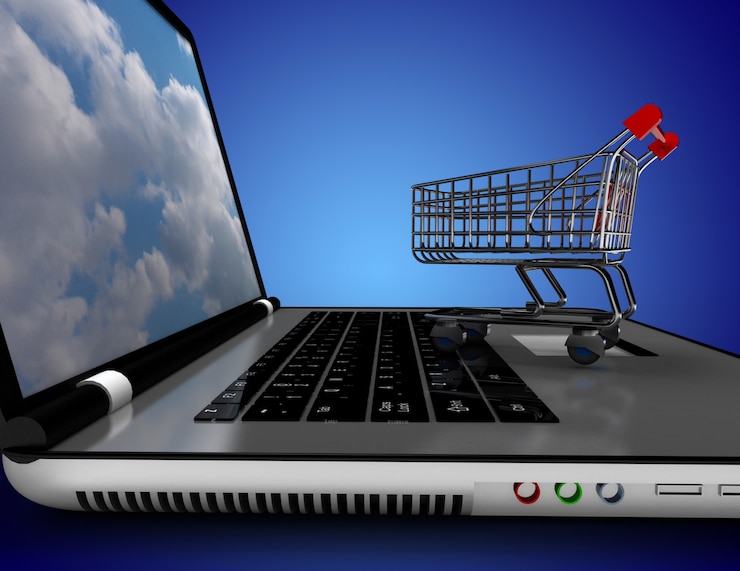 Foto carro para laptop y bolsa de compras. ilustración 3d