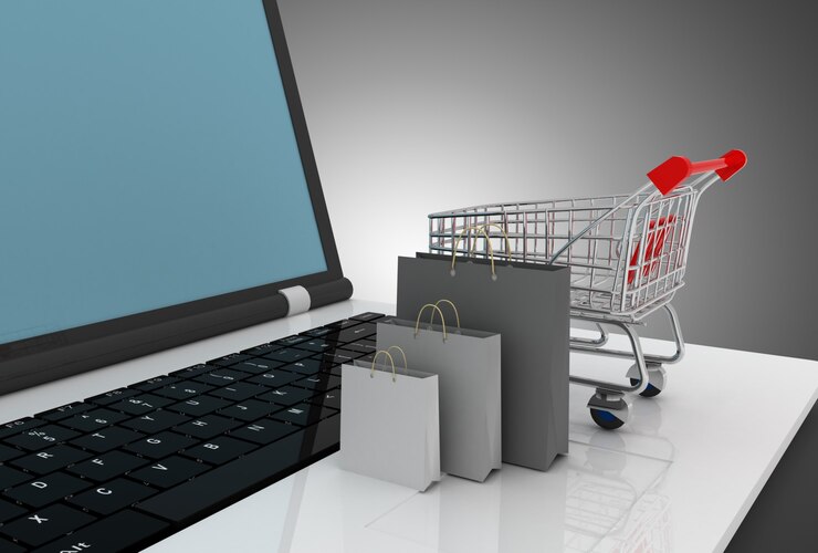 Foto carro para laptop y bolsa de compras. ilustración 3d
