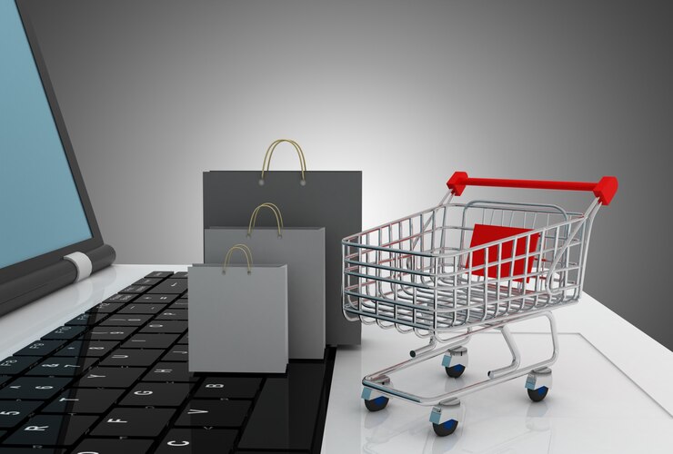 Foto carro para laptop y bolsa de compras. ilustración 3d