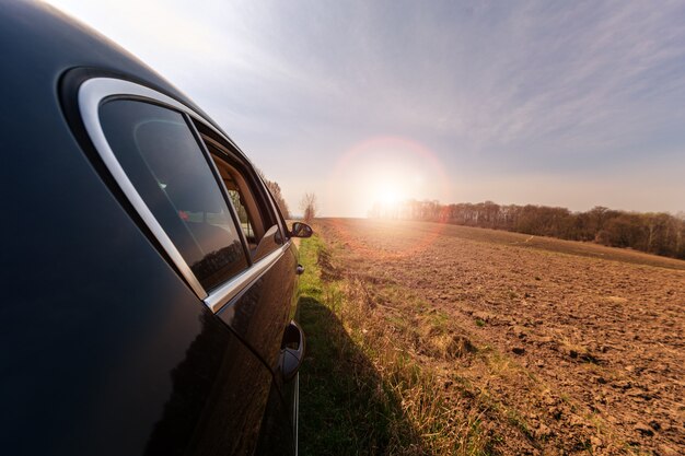 Carro, ligado, um, estrada sujeira, em, um, campo girassóis, e, trigo, com, luz solar