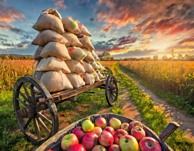 Foto un carro lleno de bolsas de manzanas y un carro con las palabras la palabra en él