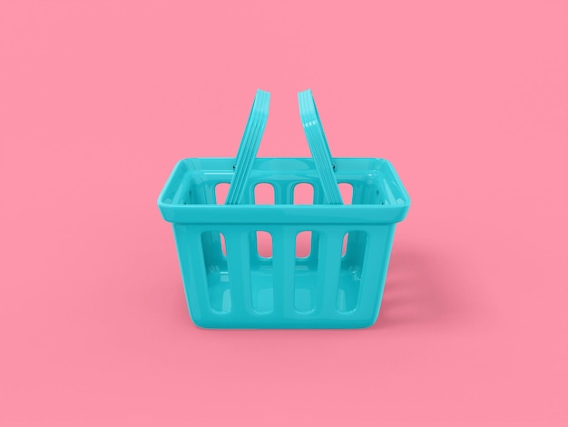 Carro de mano de compras de color mono azul sobre fondo rosa sólido. Objeto de diseño minimalista. icono de renderizado 3d elemento de interfaz ui ux.