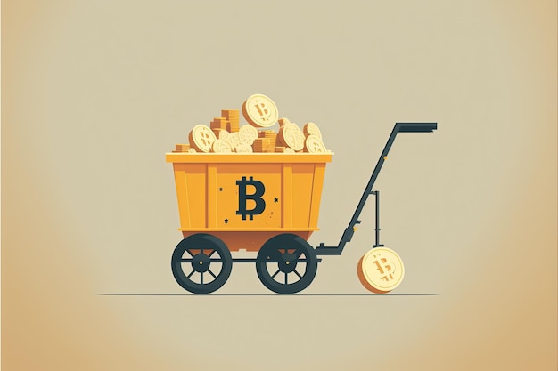 Carro de mina lleno de bitcoins con antecedentes. Ilustración digital de IA