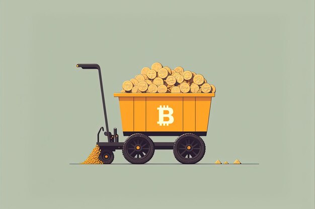 Carro de mina lleno de bitcoins con antecedentes. Ilustración digital de IA