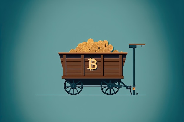 Carro de mina lleno de bitcoins con antecedentes. Ilustración digital de IA