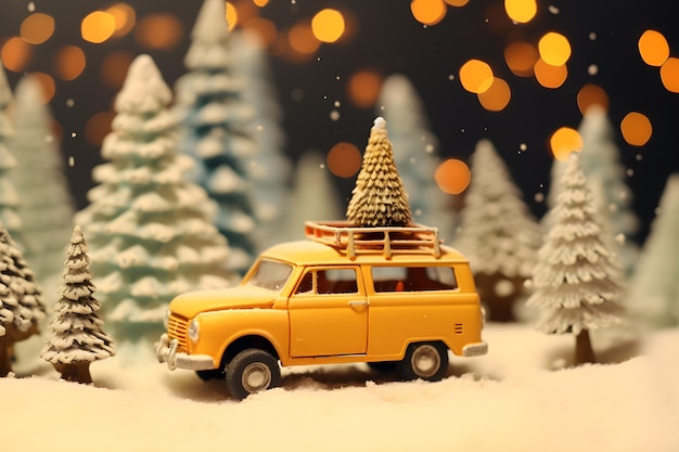 Carro miniatura bonito no fundo de neve de Natal