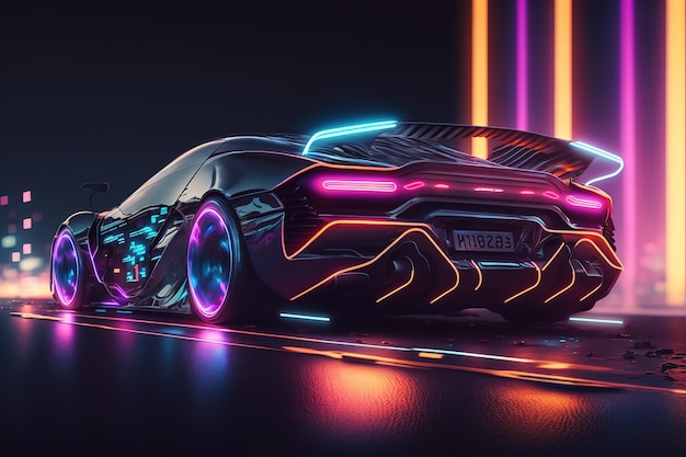 Carro moderno abstrato com luzes de néon em um fundo escuroCarro inovador futurista Generative AI