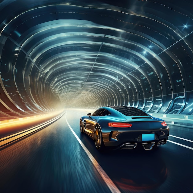 Carro moderno com faróis brilhantes movendo-se através do efeito de desfoque de movimento do túnel escuro