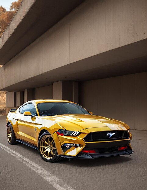 Foto carro mustang gt dourado em luz de fundo