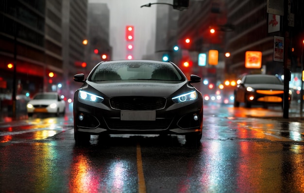 Foto carro na chuva automóvel na rua da cidade em tempo chuvoso à noite generative ai