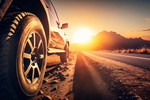 Carro na estrada ao pôr do sol com montanhas ao fundo IA generativa