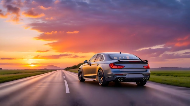 Foto carro na estrada com um belo pôr-do-sol papel de parede