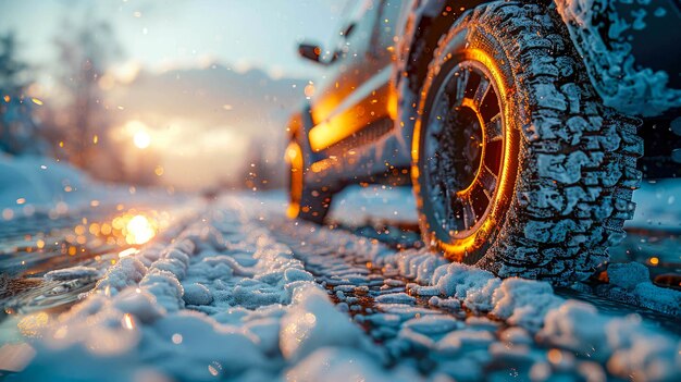 Foto carro na estrada de inverno coberta de neve ao pôr do sol closeup