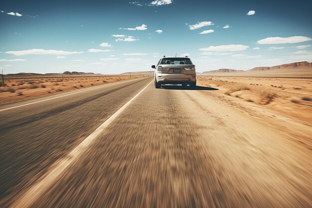 Carro na estrada do deserto Viagem de carro ao longo da estrada da estepe da paisagem da montanha do deserto