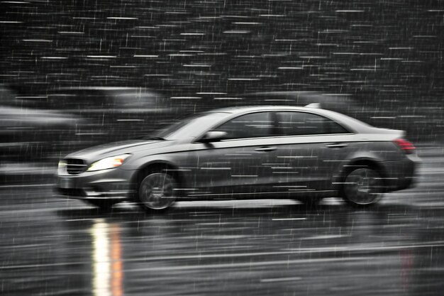 Carro na estrada na chuva Movimento desfocado Fundo desfocado