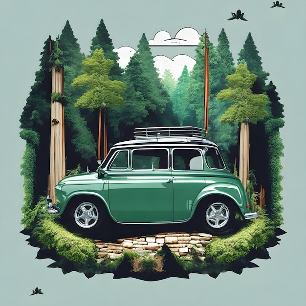 Carro na frente de um desenho gráfico de t-shirt de desenho animado da floresta