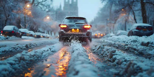 Carro navegando em ruas urbanas geladas durante o inverno enfrentando condições climáticas perigosas e estradas escorregadias Conceito Condução de Inverno Estradas urbanas escorregodias Estradas perigosas Navegando em carro