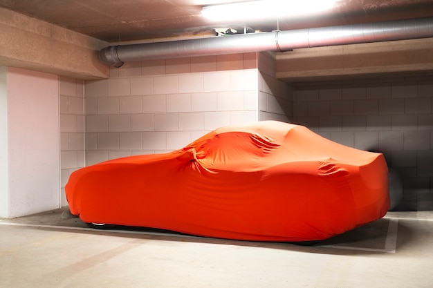 Carro novo caro com capa laranja para proteção estacionado em garagemodern carro esporte