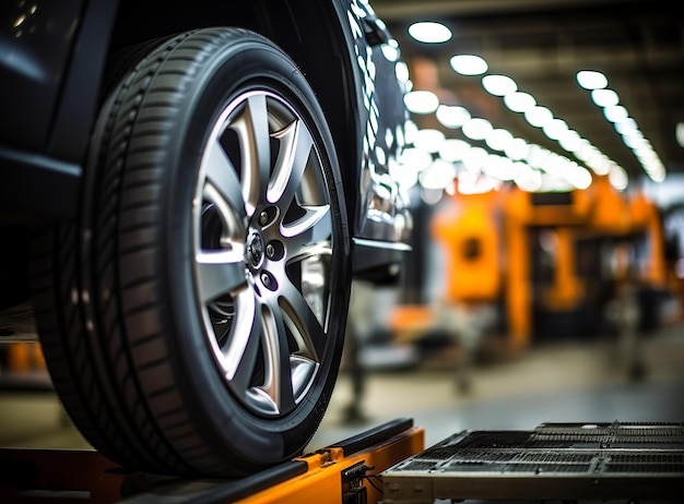 Carro novo na linha de montagem durante o alinhamento das rodas Automóvel em close-up com pneus para todas as estações