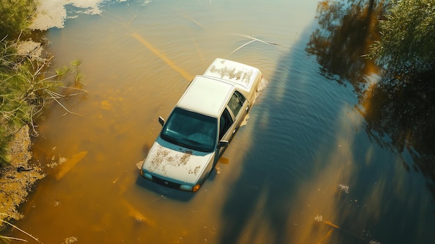 Foto carro parcialmente submerso em água turva perto de uma costa gramada criando uma cena de abandono e n
