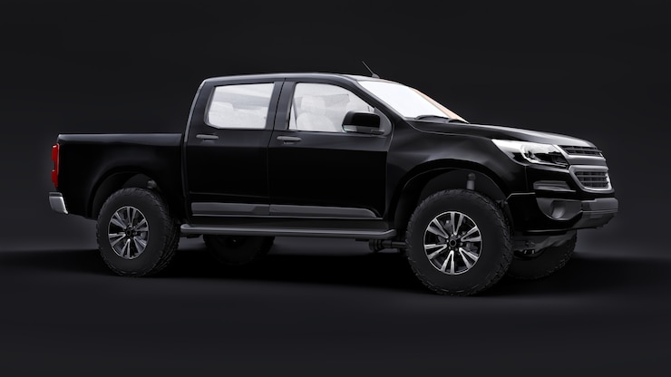 Foto carro pick-up preto sobre um fundo preto. renderização 3d.
