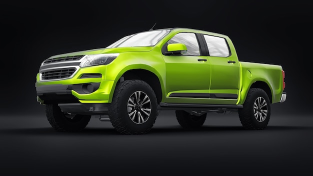 Carro pickup verde em um fundo preto renderização em 3d