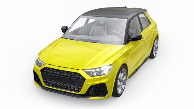 Carro premium urbano compacto em um hatchback amarelo em uma ilustração 3d de fundo branco isolado