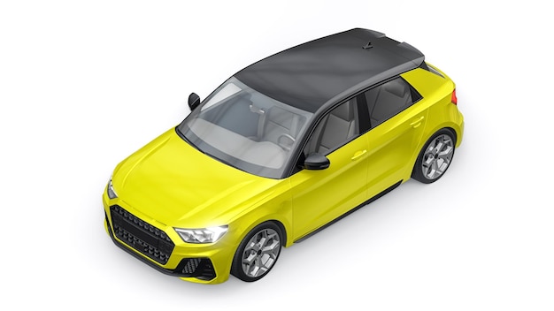 Carro premium urbano compacto em um hatchback amarelo em uma ilustração 3d de fundo branco isolado