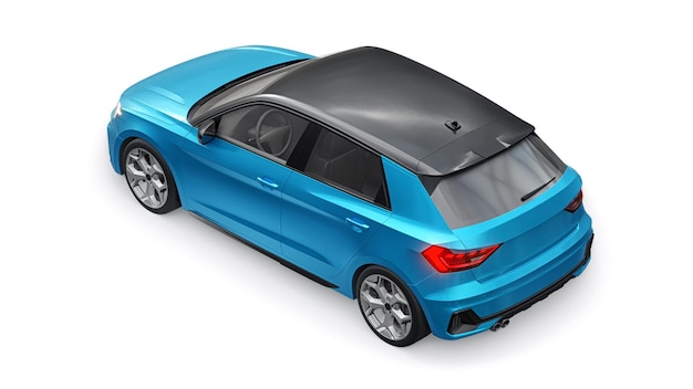 Carro premium urbano compacto em um hatchback azul em uma ilustração 3d de fundo branco isolado