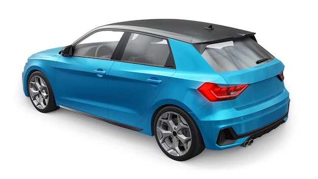 Carro premium urbano compacto em um hatchback azul em uma ilustração 3d de fundo branco isolado