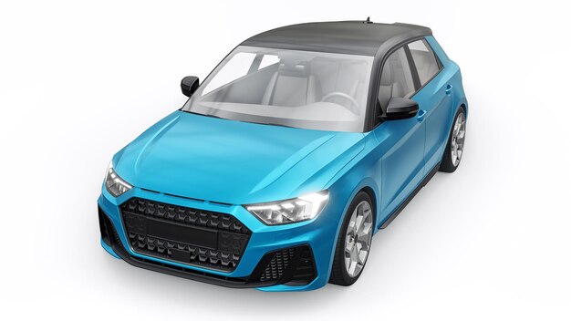 Carro premium urbano compacto em um hatchback azul em uma ilustração 3d de fundo branco isolado