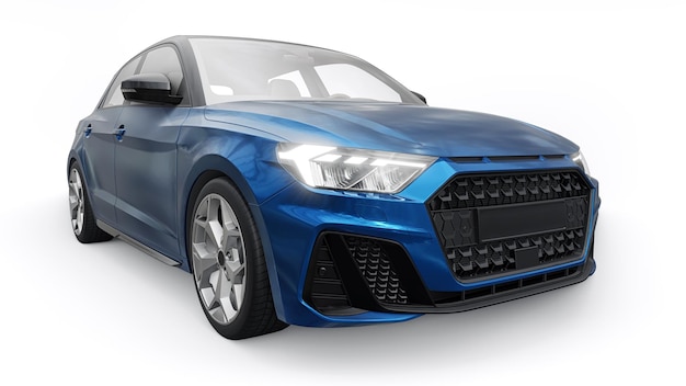 Carro premium urbano compacto em um hatchback azul escuro em uma ilustração 3d de fundo branco isolado