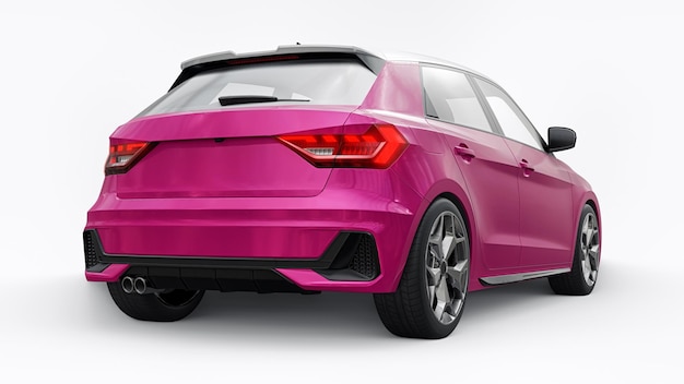 Carro premium urbano compacto em um hatchback rosa em uma ilustração 3d de fundo branco isolado