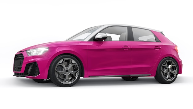 Carro premium urbano compacto em um hatchback rosa em uma ilustração 3d de fundo branco isolado