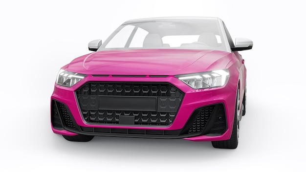 Carro premium urbano compacto em um hatchback rosa em uma ilustração 3d de fundo branco isolado