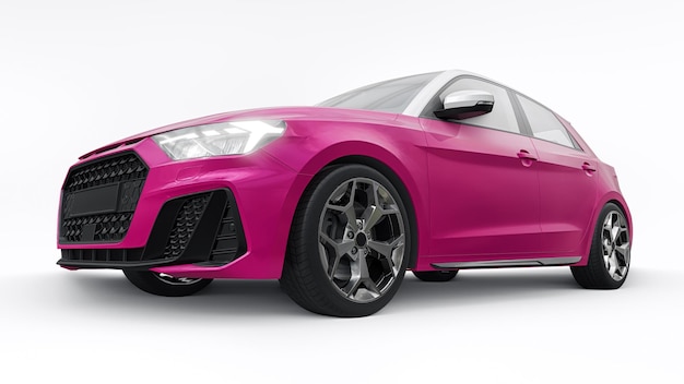 Carro premium urbano compacto em um hatchback rosa em uma ilustração 3d de fundo branco isolado