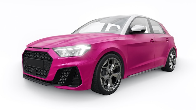 Carro premium urbano compacto em um hatchback rosa em uma ilustração 3d de fundo branco isolado