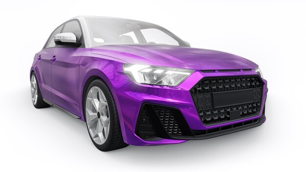 Carro premium urbano compacto em um hatchback roxo em uma ilustração 3d de fundo branco isolado