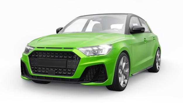 Carro premium urbano compacto em um hatchback verde em uma ilustração 3d de fundo branco isolado