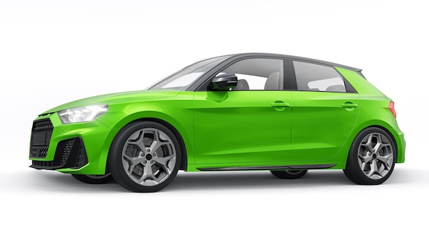 Carro premium urbano compacto em um hatchback verde em uma ilustração 3d de fundo branco isolado