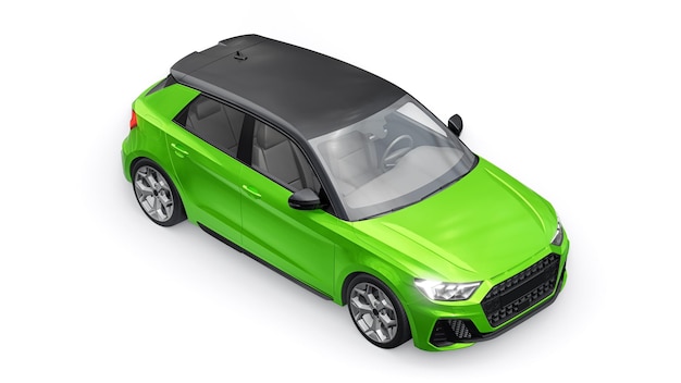 Carro premium urbano compacto em um hatchback verde em uma ilustração 3d de fundo branco isolado