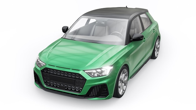 Carro premium urbano compacto em um hatchback verde escuro em uma ilustração 3d de fundo branco isolado