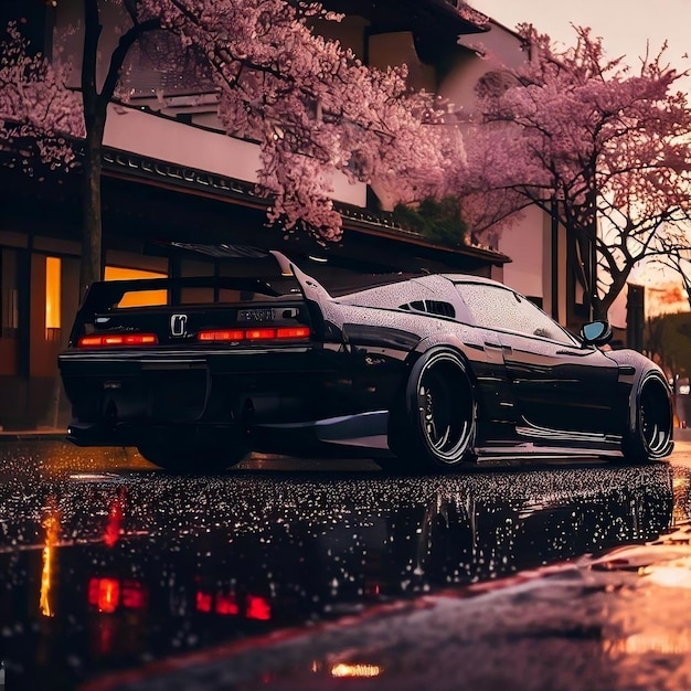 Carro preto ao pôr-do-sol chuva flores de cerejeira reflexo vista de trás por ai