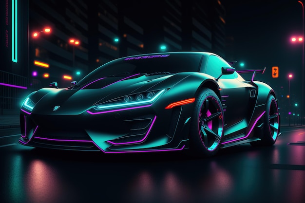 Carro preto estilo cyberpunk na rua da cidade do futuro futurismo neon light