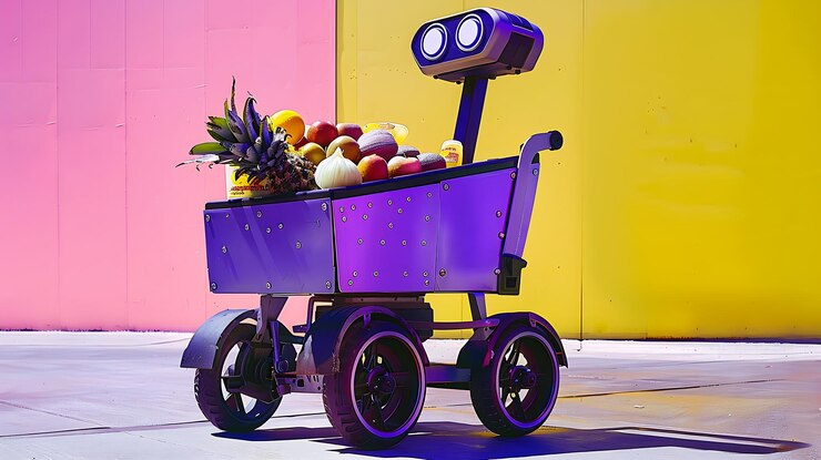 Foto carro púrpura con frutas en él en ruedas en la acera cerca de la pared amarilla