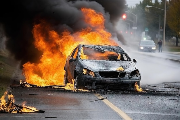 Carro queimando em uma rodovia com fumaça preta Generative AI